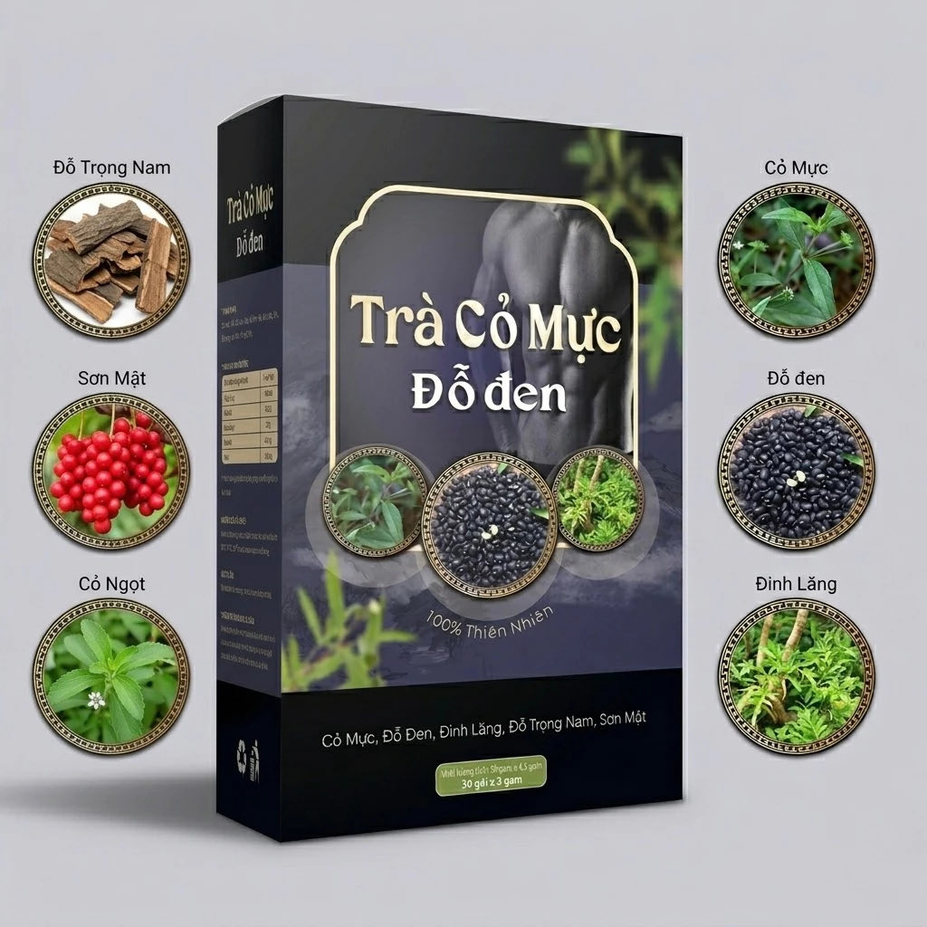 Sáu vị trong Trà Cỏ Mực Đỗ Đen Mộc Tâm: cỏ mực, đỗ đen, đinh lăng, đỗ trọng nam, sơn mật và cỏ ngọt